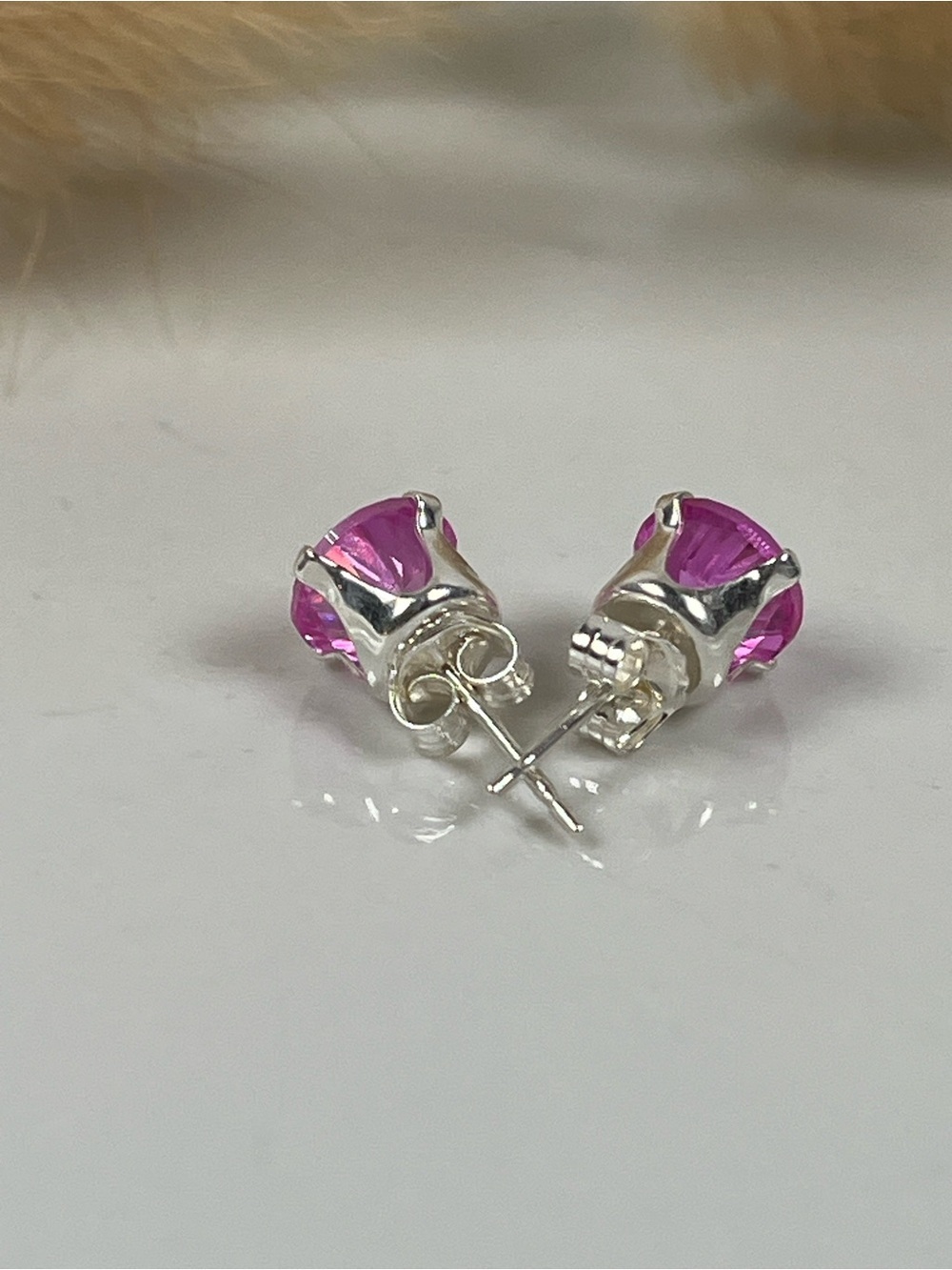Solid Sterling Silver Pink Sapphire Gemstone Stud Post Back Earrings - Picture 2 of 5